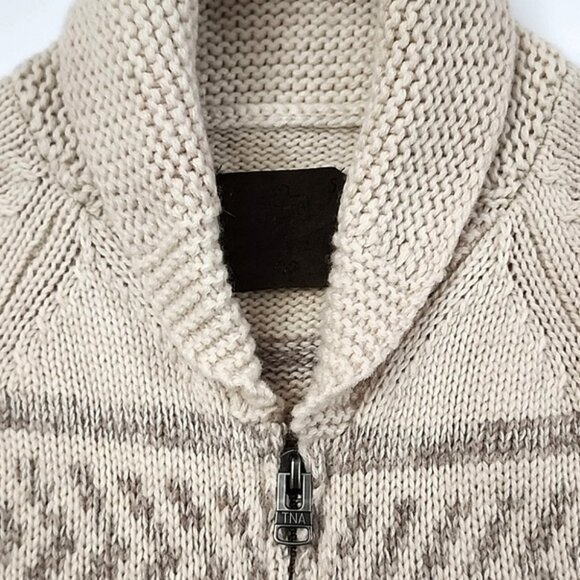 TNA Women's Knit Cream Taupe Lambs Wool Cowichan Zip Up Cardigan Pockets Size S - Picture 3 of 15